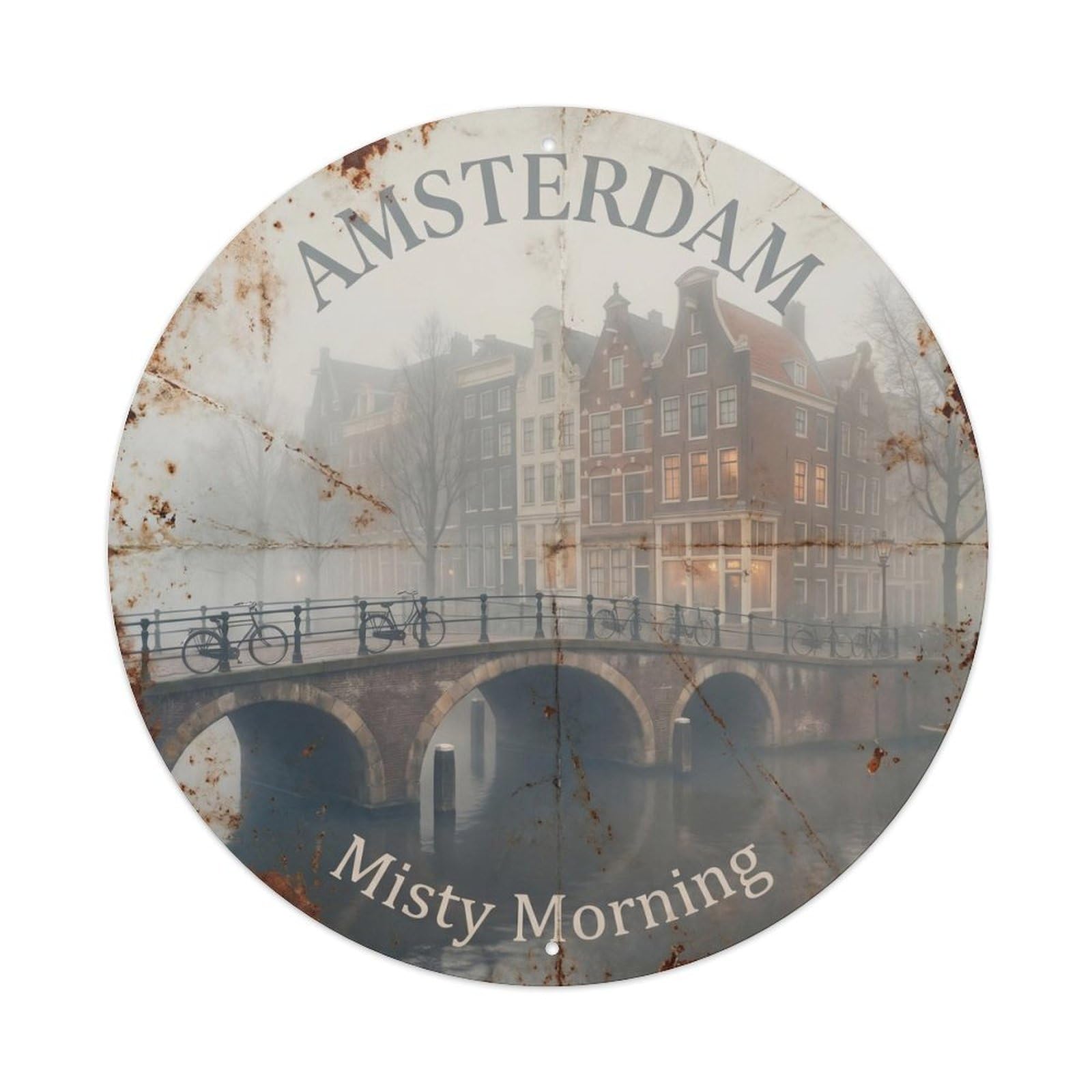 Vintage Travel Amsterdam Foggy Morning Metal Tin Sign Plaque Wall Decor for Cafe, Club, Garden Round Metal Poster 8x8Inch