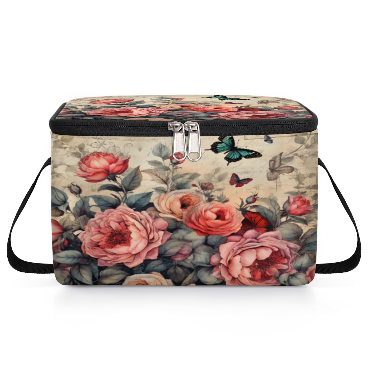 GzLeyigou Retro Floral Peony Lunch Bags for Women Men 9 Cans, Hot & Cold Food Delivery Bag Insulated Grocery Bag Insulated Lunch Box Flowers Cooler Bag for Office Work Picnic Beach