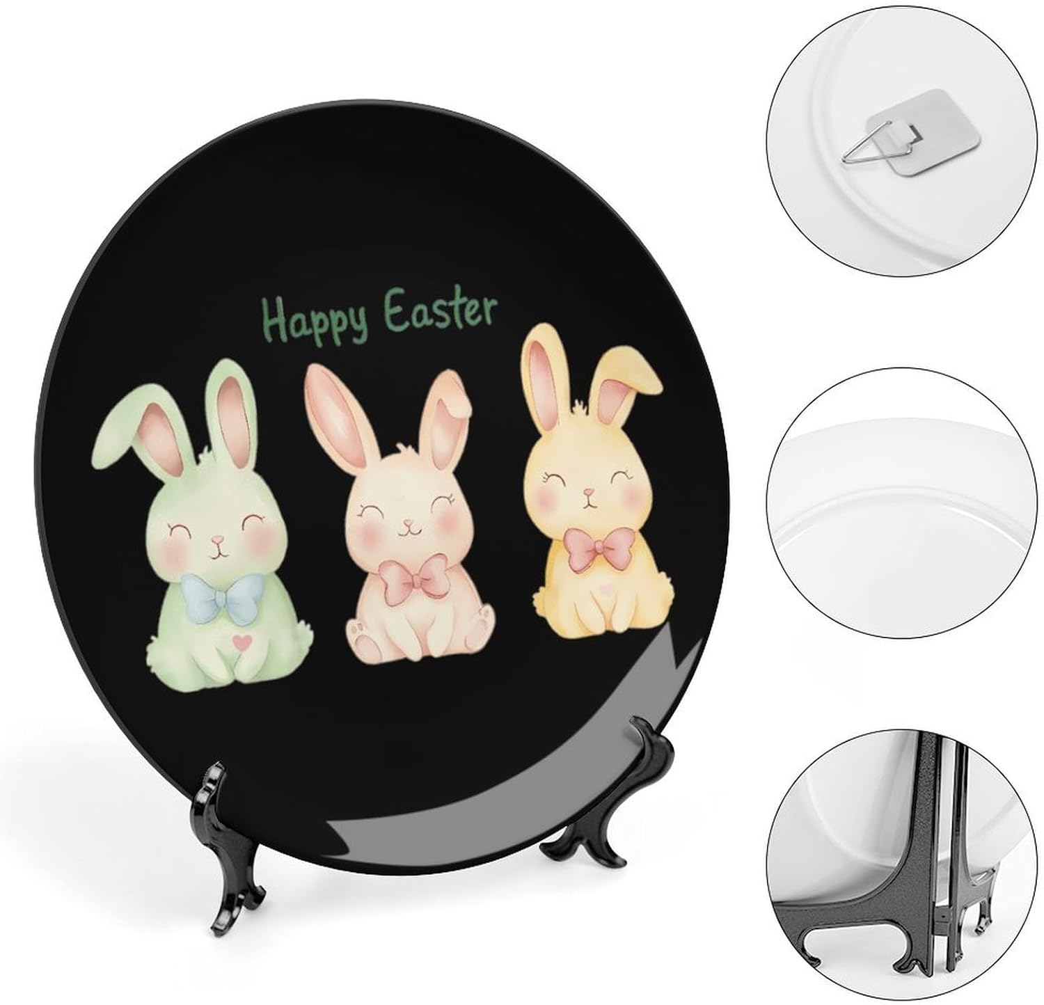Happy Easter Bunny Rabbit Novelty Decorative Plate with Display Stand Ceramic Ornament Hanging Wall Decor