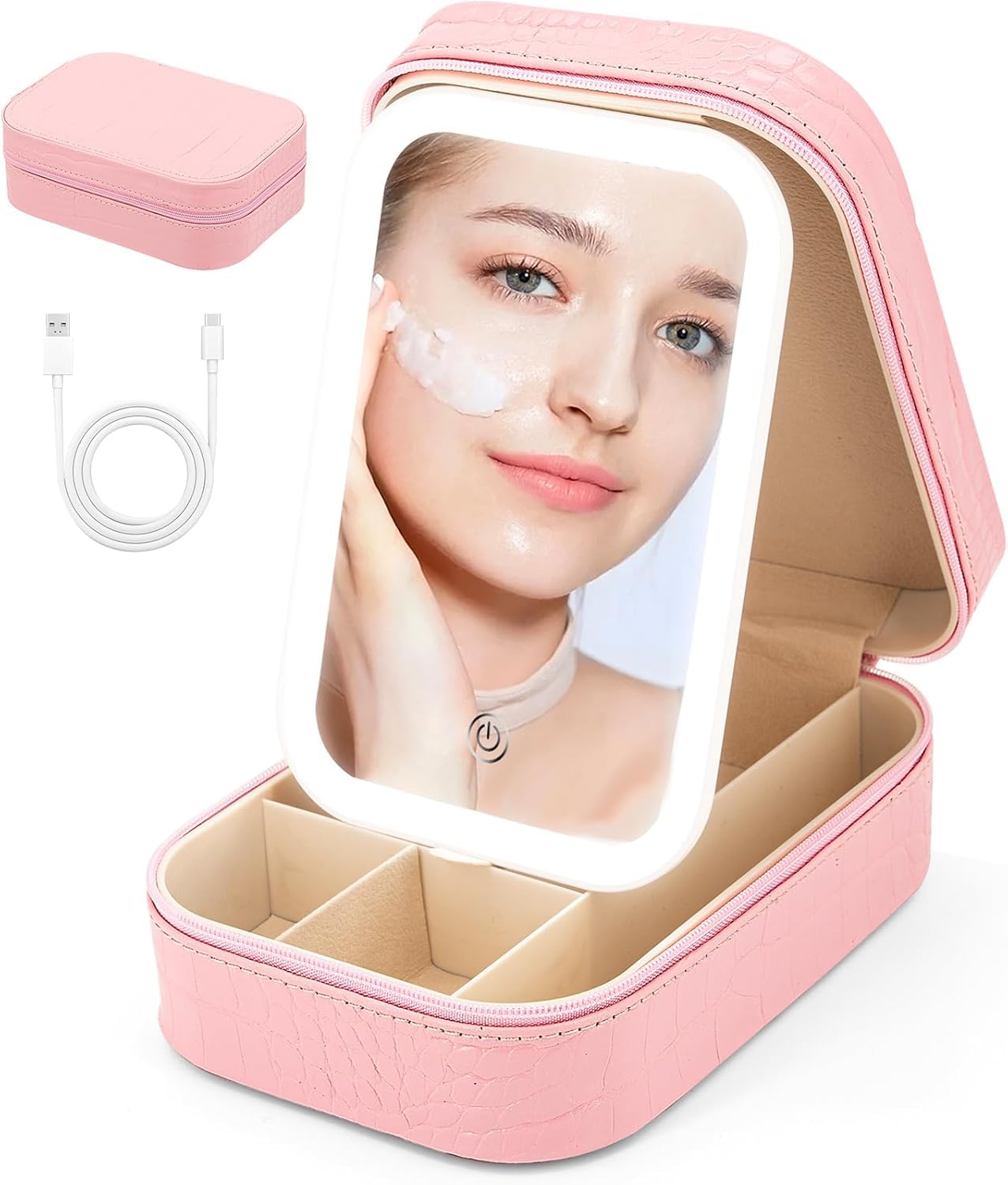 3 Adjustable Color LED Travel Jewelry Case and Makeup Bag with Mirror, Dust-Proof Jewelry Box,Compact Waterproof Cosmetic Mirror Case for Women,Girls Travel Essentials,PU Leather (Pink)-image-23