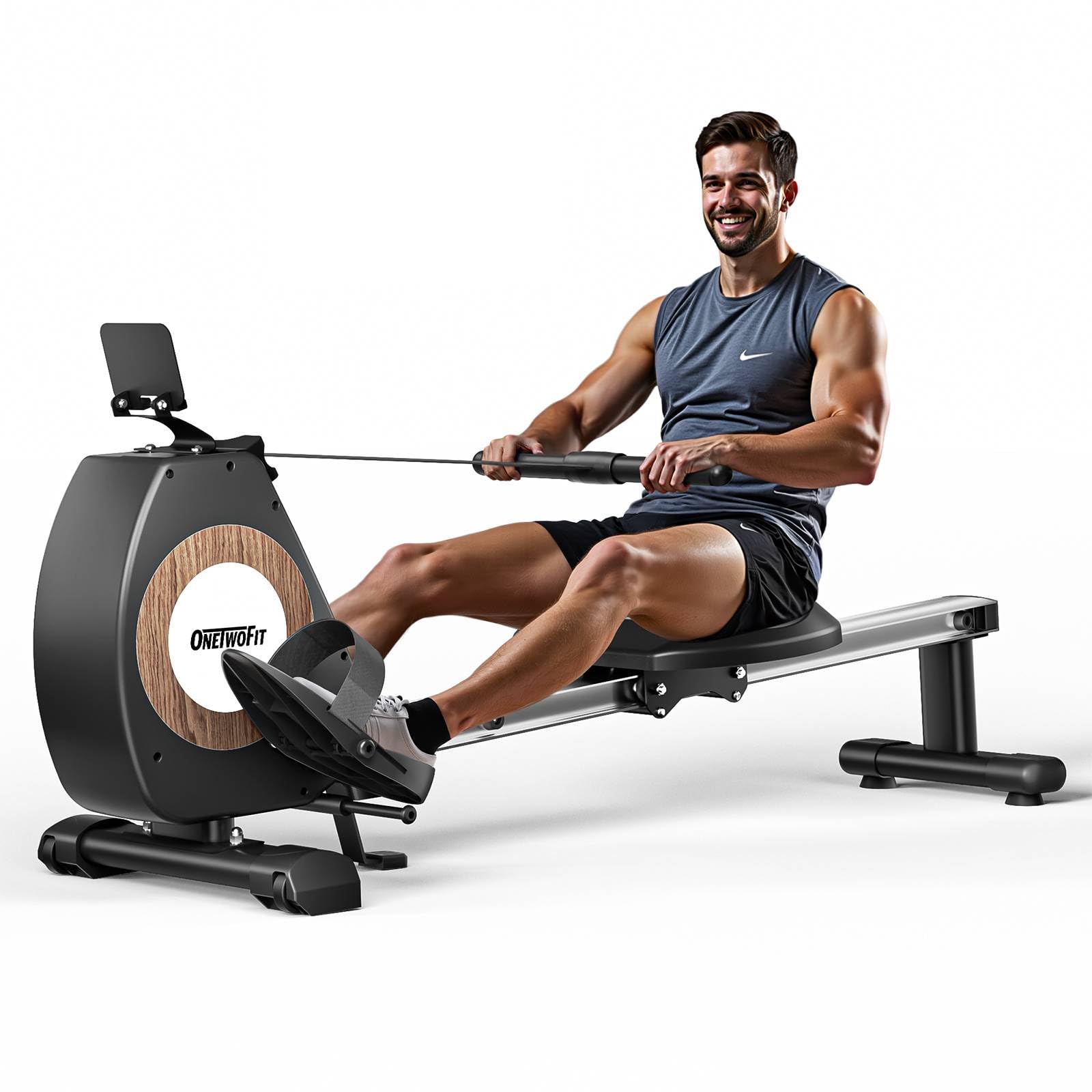 ONETWOFIT Vogatore Magnetico, Pieghevole Silenziosi Rematore Palestra Casa, 16 Livelli Di Resistenza Capacità Di 160 Kg Con App