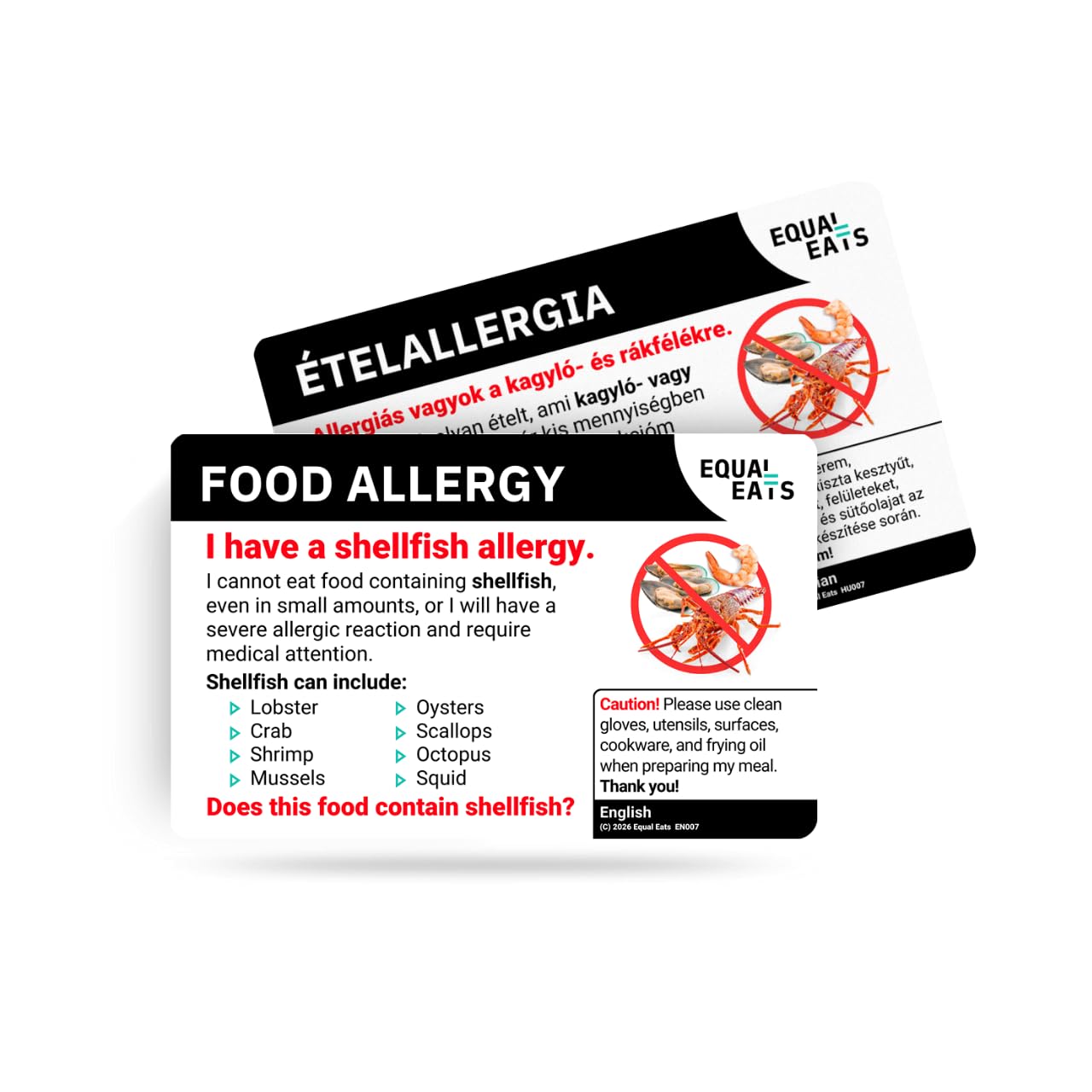 Equal Eats Shellfish Allergy Translation Card, Credit Card Size, English, Food Allergy Alert Card (Hungarian)