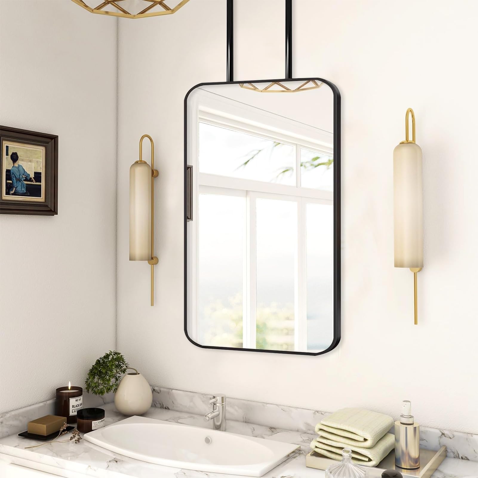 WJFTODAY Ceiling Hanging Wall Mirror, 40x70cm Rounded Rectangle Metal Frame, Bathroom Shaving & Makeup Mirror, Stylish Black Suspended Vanity Decor