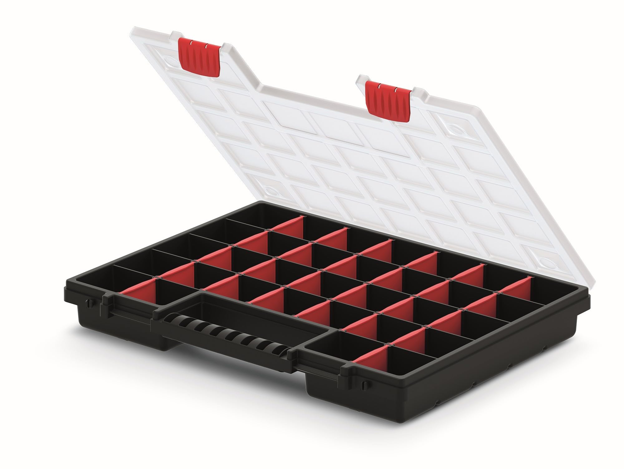 Mivos Scatola di assortimento su entrambi i lati, 399 x 303 x 100 mm, 2 lati, con 64 scomparti regolabili, per viti, per accessori, robusta cassetta degli attrezzi per officina - Made in EU