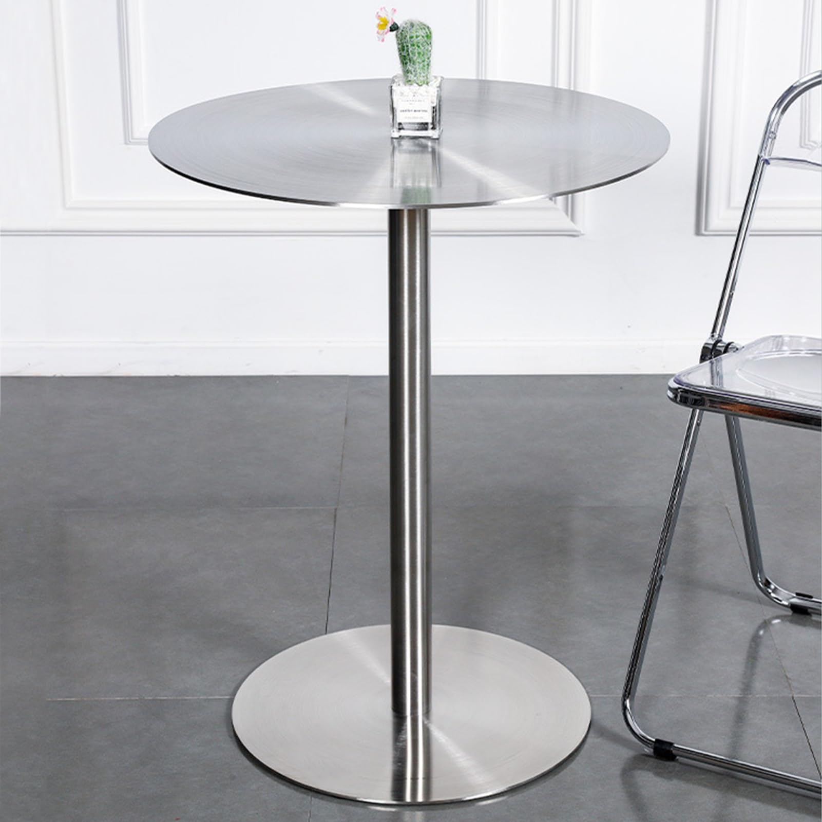 Round Bar Table,Silver High Top Table,Stainless Steels Pub Table with Non-Slip Stable Base, Modern Style Cocktail Tables for Parties, Living Room,