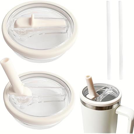 2 Pack Beige Tumbler Lid with Flip Straw Compatible with Stanley Cup