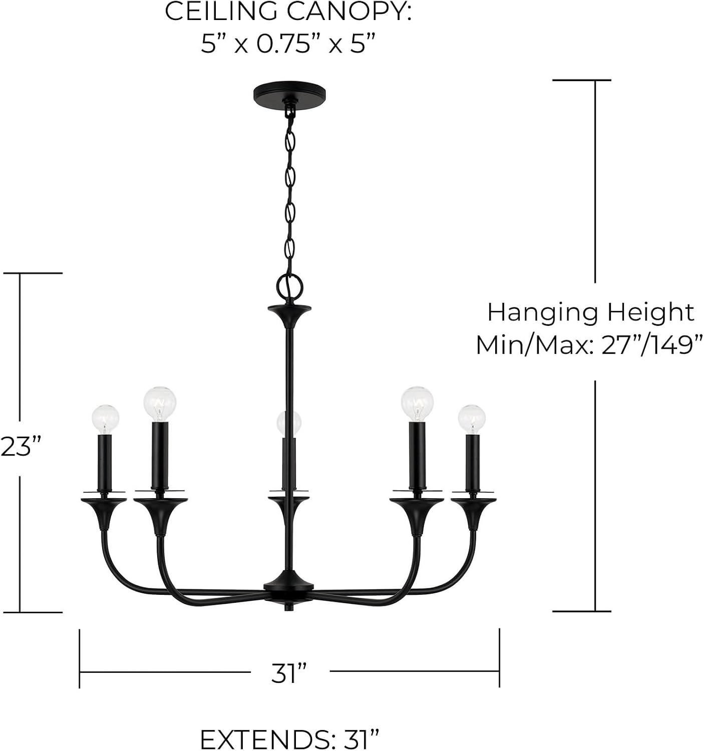 HomePlace Lighting 448951MB Presley Transitional Minimalistic Round Chandelier, 5-Light 300 Total Watts, 23" H x 31" W, Black