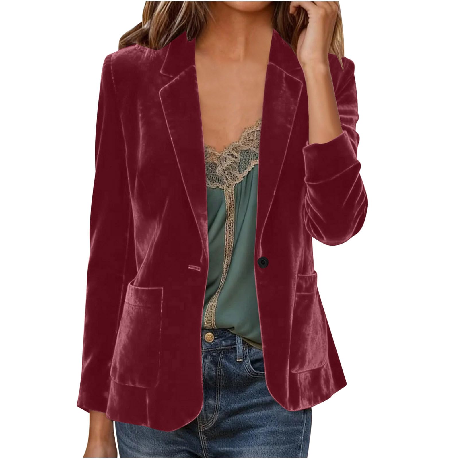 HGps8w Dressy Velvet Blazer for Women One Button Vintage Business Casual Long Sleeve Lapel Suit Jackets