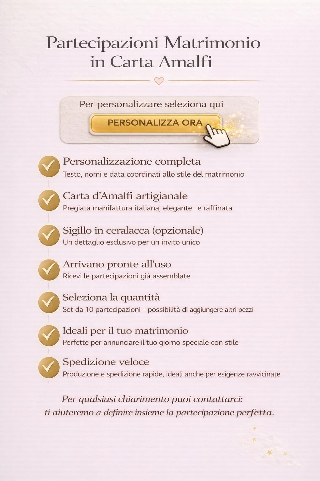 Partecipazioni Matrimonio Personalizzate – Inviti Nozze in Carta Amalfi Italiana Artigianale – Con Sigillo in Ceralacca (Opzionale) – Set da 10
