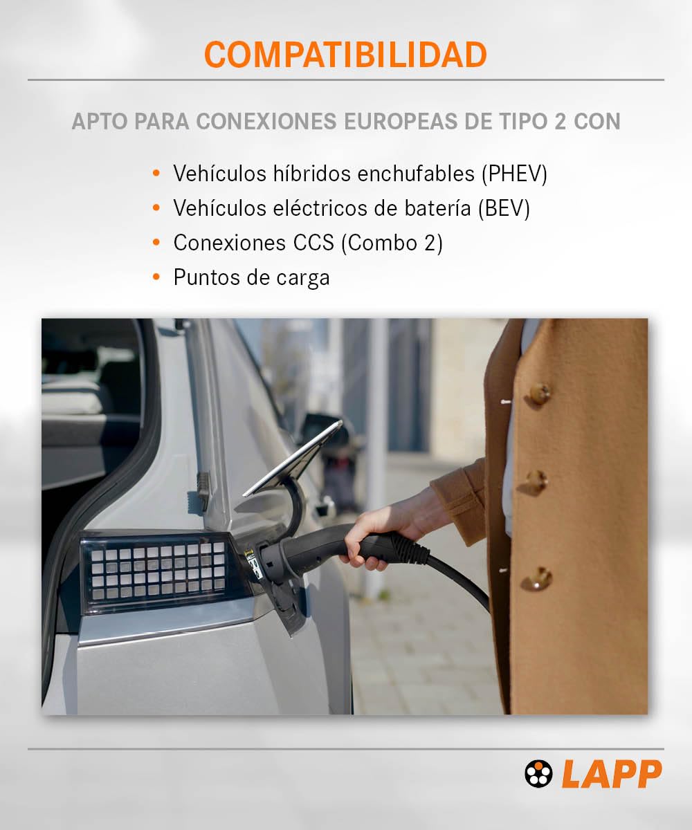 Lapp Mobility EV Cable de Carga Tipo 2, 22 kW/Liso / 32 A/Trifásico/Cable de Carga para Coches eléctricos/Modo 3 / 7m