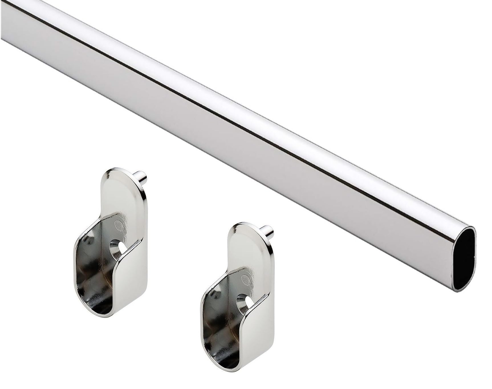 Home750-Chrome Oval Closet Rod Set With Chrome Rod End Supports. PRE-CUT (PC) 28 1/2" Wide Space.