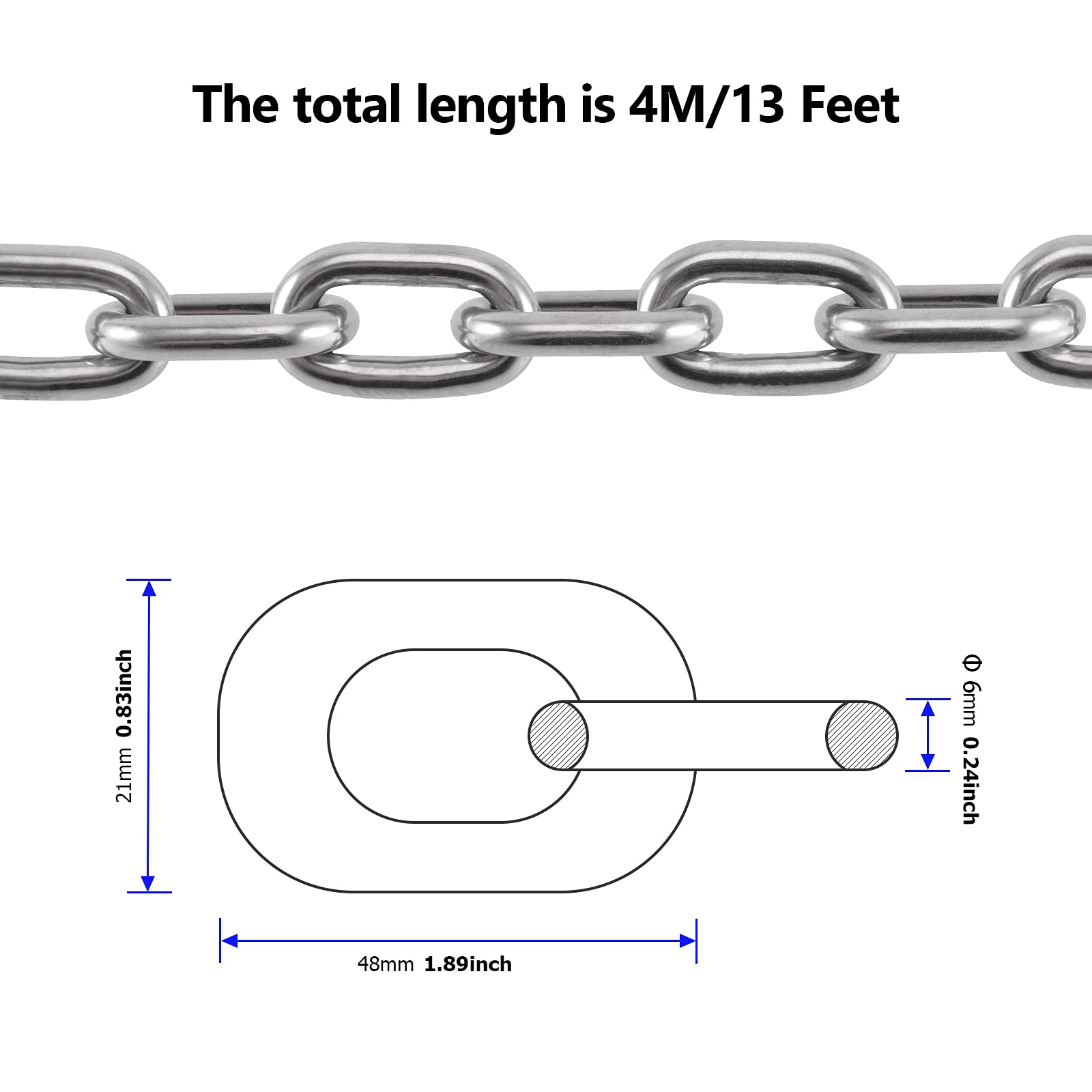 304 Stainless Steel Coil Chain - 13ft, 1/4 Inch -2