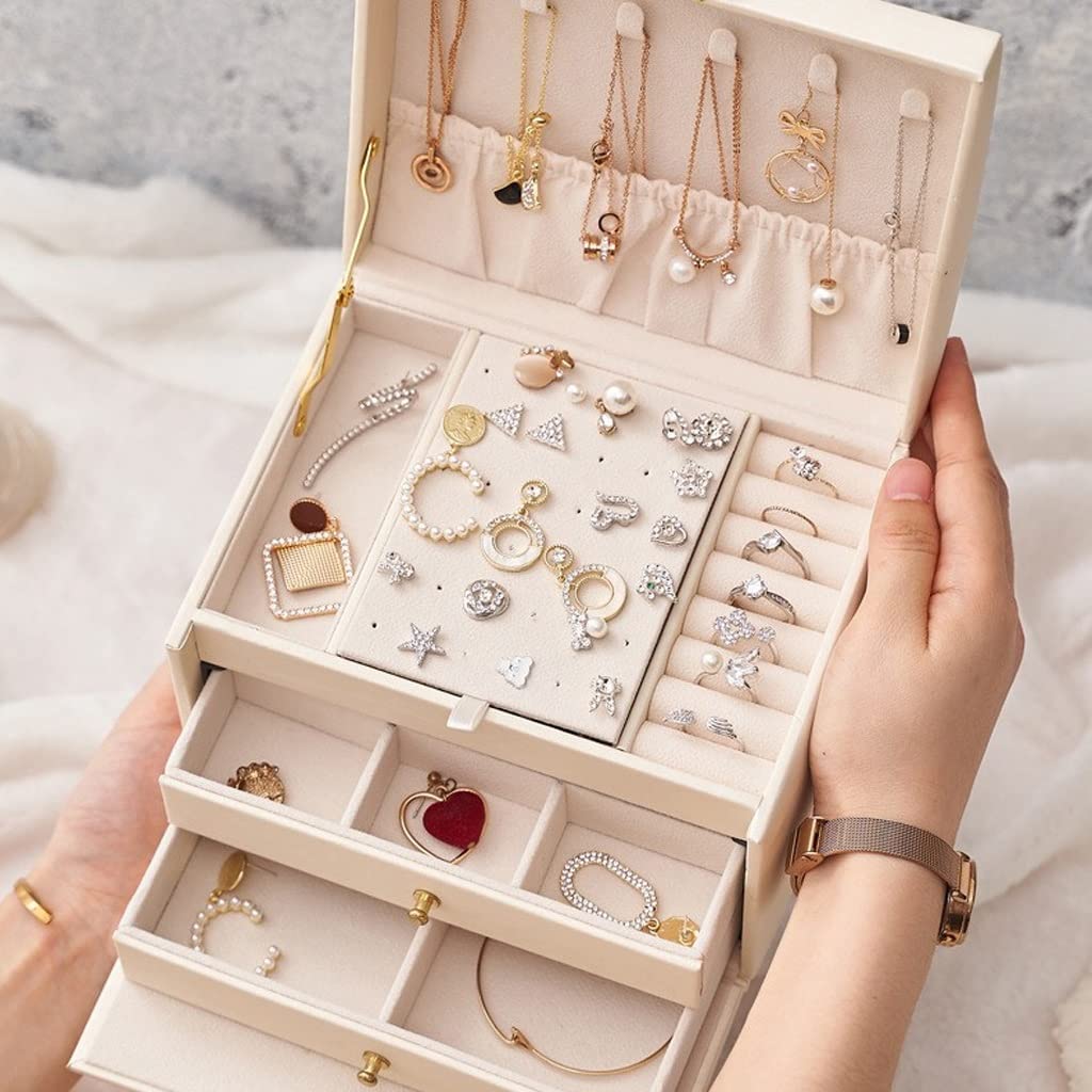 Caja De Joyería Joyero, Senior PU Organizador de joyería de cuero 3 Almacenamiento de joyas de 3 capas con cerradura, caja de joyería de viaje portátil for pendientes anillos Organizador De Joyas(B)