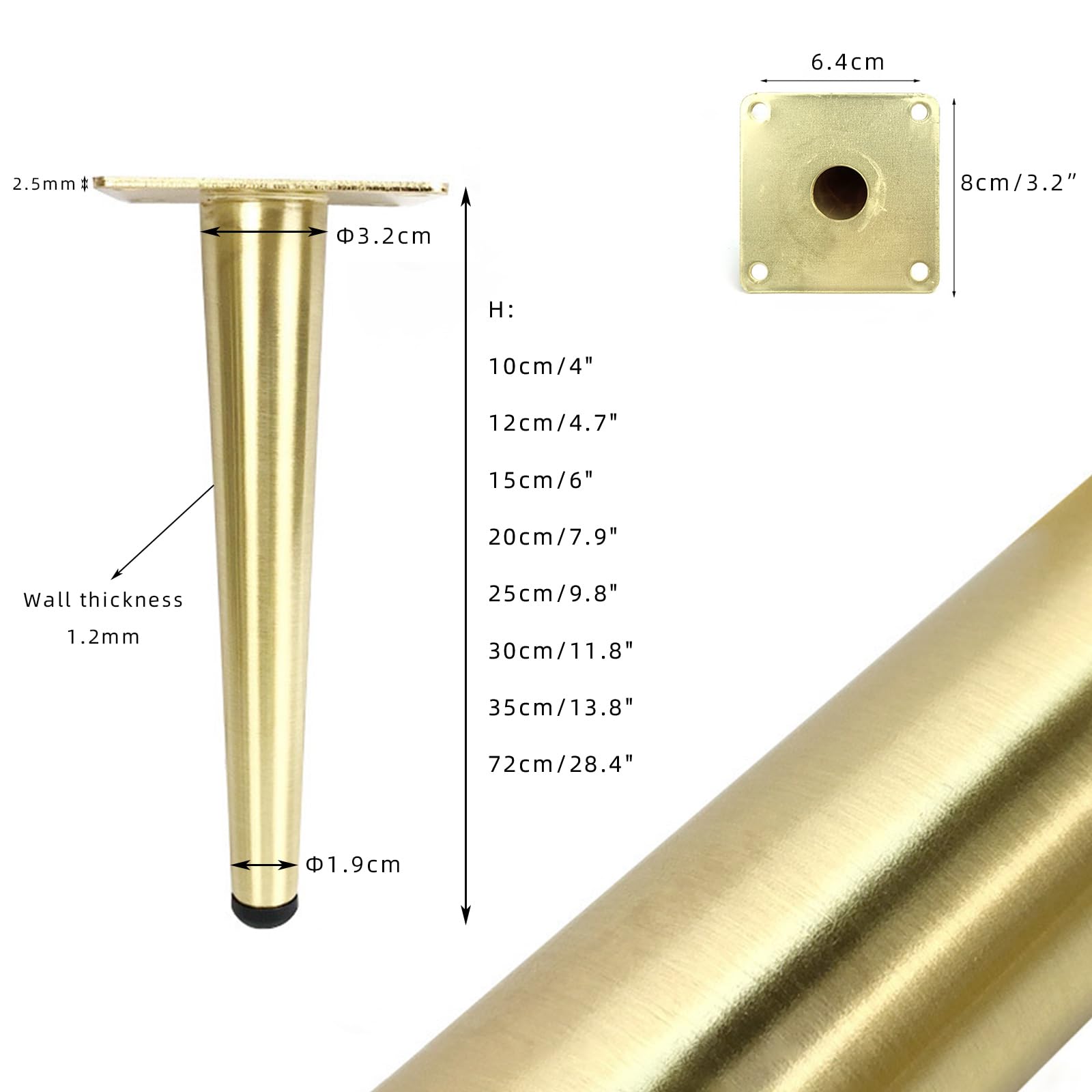 Generico Gambe per Mobili 25 cm Oro Spazzolato 4 Pezzi di Supporto Piedini Conici per Tavolo Superficie Galvanica in Ferro Piedini per Divano Altezza: 10-72 cm Piedini per Mobile 25 cm/9,8"