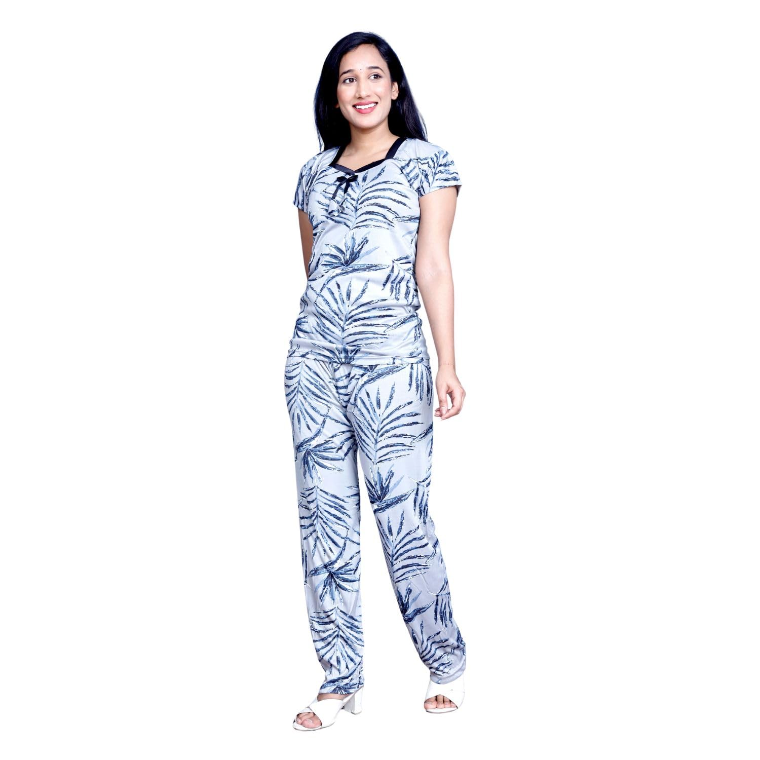 prathavastra Women's Satin Night Suit Set – Soft & Comfortable Printed Sleepwear – Short Sleeve Top with Full-Length Pajama – Loungewear for Ladies-picture-22