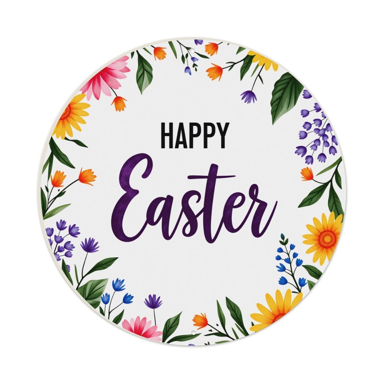 Floral Wreath Easter Greeting Card Design Round Vintage Tin Sign,Retro Wall Art,Metal Poster for Home, Bar, Garage, Cafe, Rustic Indoor & Outdoor Decor, 8x8 Inches
