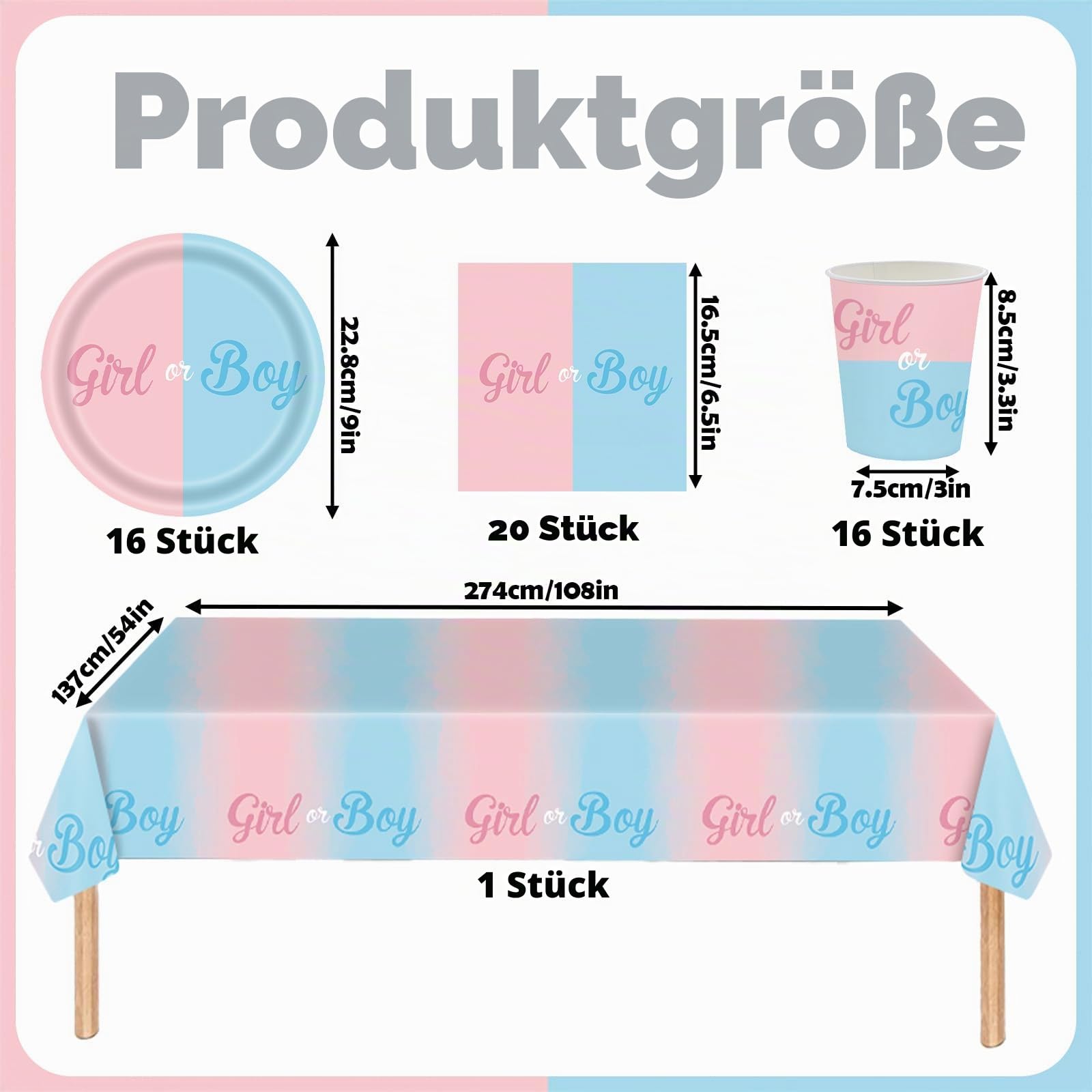53 Stück Gender Reveal Partygeschirr für 16 Gäste, Babyparty Deko Partyteller Set, Neutral Girl or Boy Baby Party Decoration Rosa Blau Teller Becher Servietten Tischdecke für Baby Shower