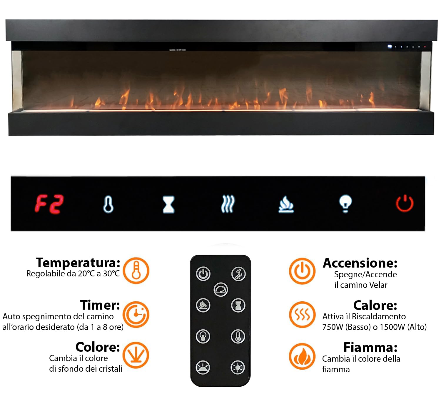 Camino elettrico VELAR | Caminetto a parete da incasso | Stufa ventilata da 750W/1500W a basso consumo, con telecomando, timer, decorazione di tronchi e cristalli (Nero, 182cm)