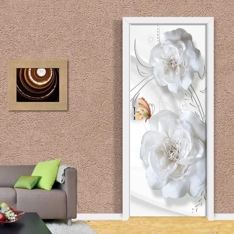 Miniatura 3 de Mural adhesivo 3D para puerta, patrón floral blanco, impermeable, extraíble, 30.3 x 78.7 pulgadas
