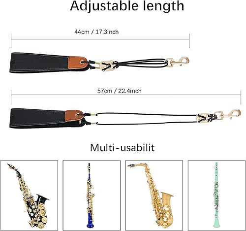 Miniatura 6 de RANMING Correa para el cuello de saxofón de cuero con gancho giratorio cerrado y anillo de goma, ajustable para saxofón soprano alto tenor y