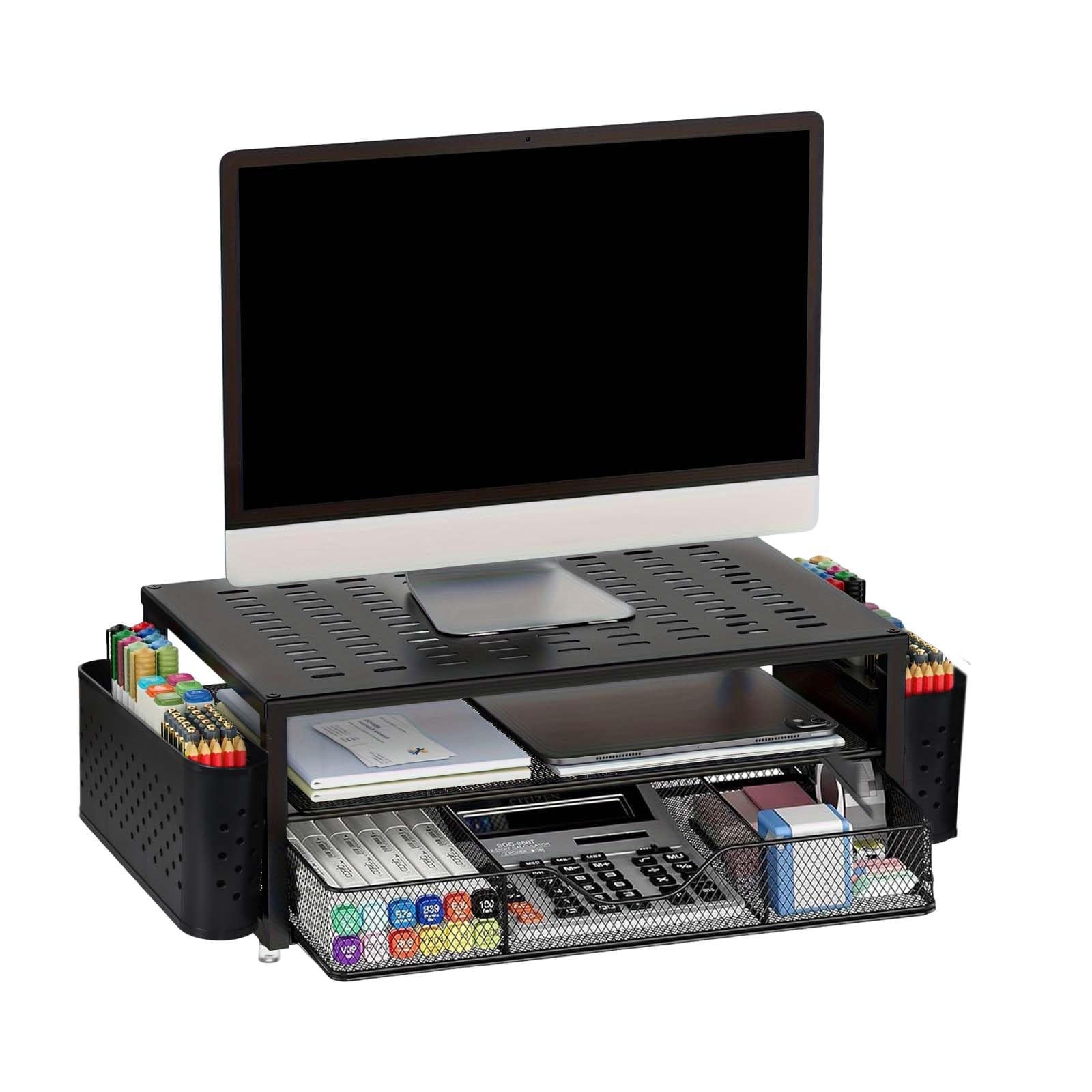 Alzaschermo con Cassetto e 2 Portapenne – Organizzatore da Scrivania Ergonomico per Monitor e Laptop, Supporto per Accessori Ufficio e Sistema di Archiviazione per Home Office