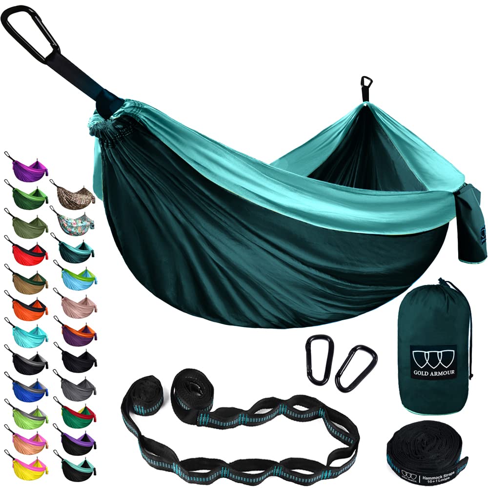 Gold Armour Camping Hammock - XL Double Hammock Portable Hammock Camping Accessories Gear for Outdoor Indoor with Tree Straps, USA Based Brand (Turquoise and Seafoam)