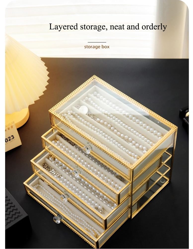 Scatola organizer per collane con coperchio trasparente, in velluto, antipolvere, impilabile, con ciondoli in acrilico, per catenine e cassetti (beige, vetro, 3 ripiani)