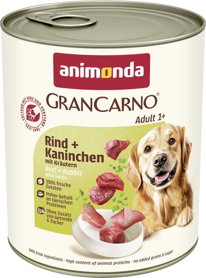animonda GranCarno Hunde Nassfutter mit Rind + Kaninchen mit Kräutern (6 x 800 g), getreidefreies Hundenassfutter ohne Zucker, für ausgewachsene Hunde, mit fleischigen Zutaten