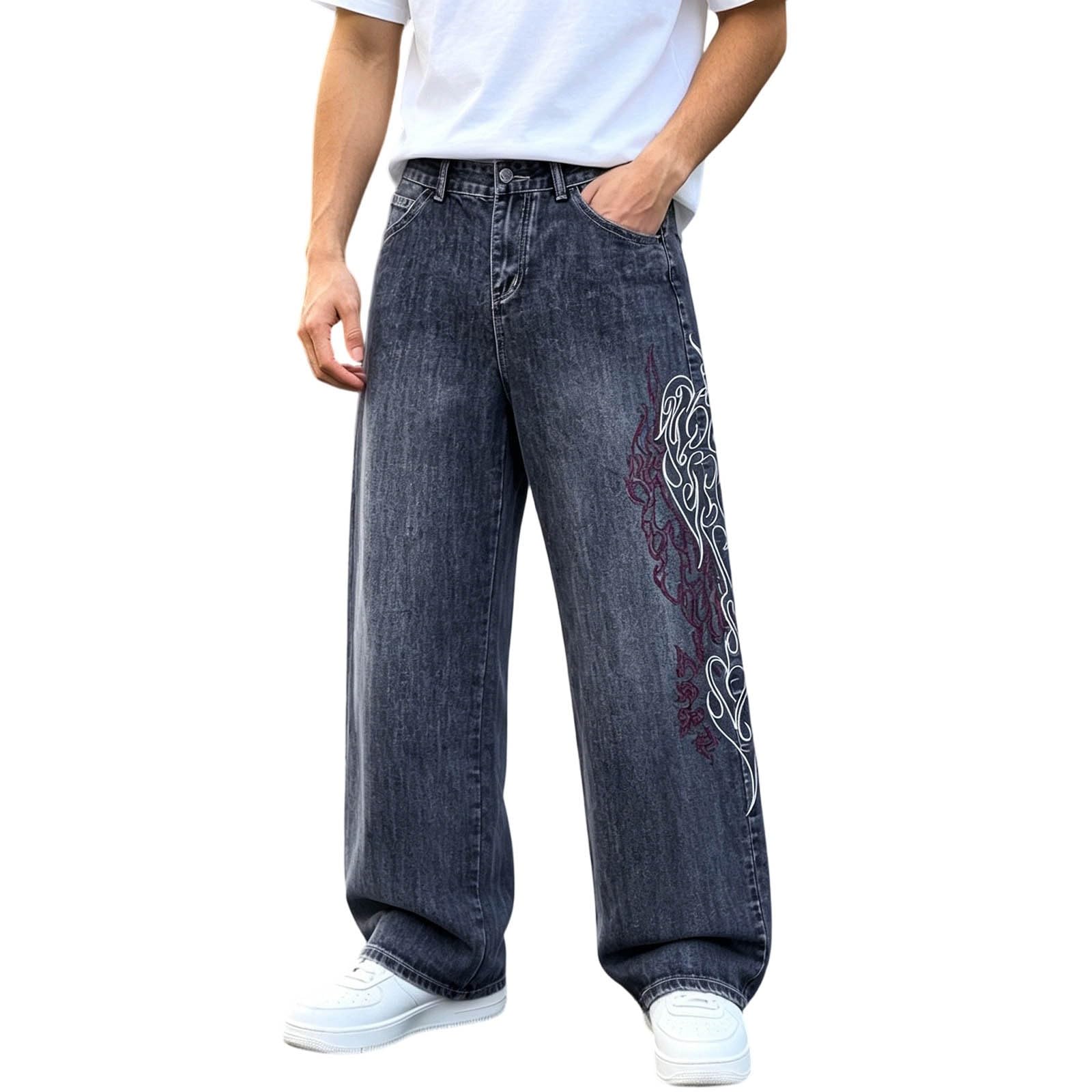 Jeans da uomo stampati, alla moda, hip hop, baggy, con tasche, Y2K, gotici, a gamba larga, vita media, comodi, per il tempo libero, vintage, streetwear, gamba larga