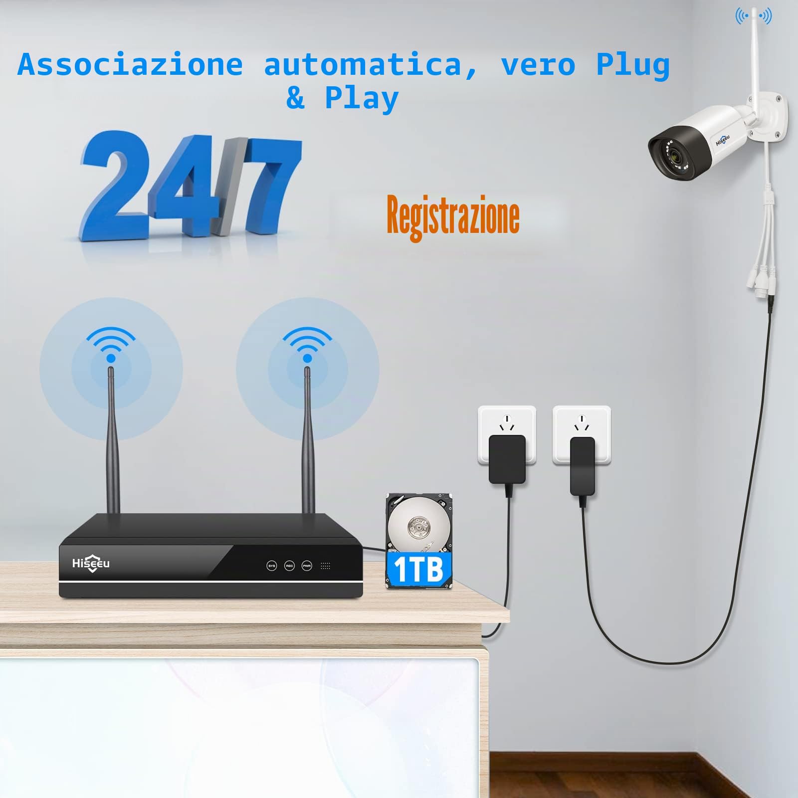【5MP+Visione Notturna a Colori】Hiseeu Kit Videosorveglianza WiFi 10CH 5MP NVR 1TB HDD, 4X5MP Telecamera IP, Audio a 2 Vie, Rilevamento del Movimento Suono Luce Allarme, Accesso Remoto Alexa