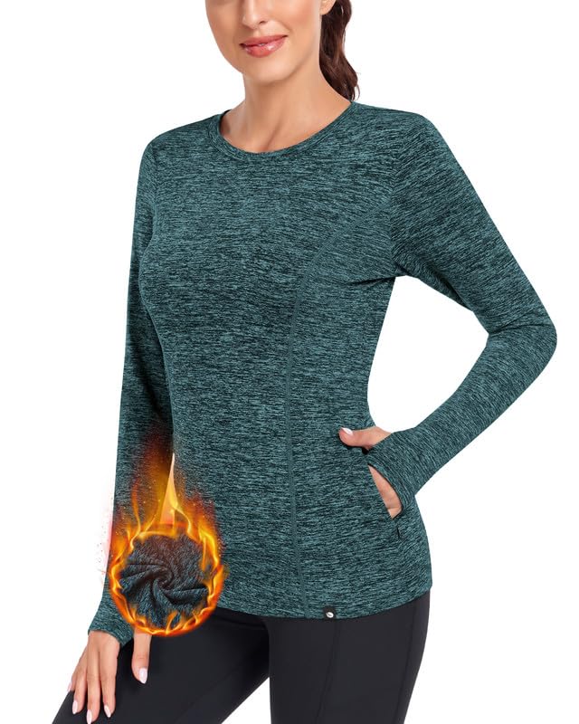 Soneven Women's Thermal Fleece Running Shirts with Pockets Long Sleeve Workout Tops with Thumb Holes Active Pullover Yoga Tops Green XS