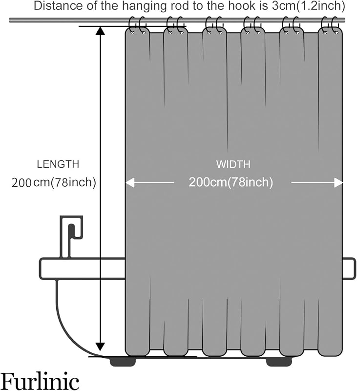 Furlinic Fekete Zuhanyfüggöny 200x198 cm - Vízálló Poliészter Fürdőszobai Függöny, Penészálló, Extra Széles Kádakhoz