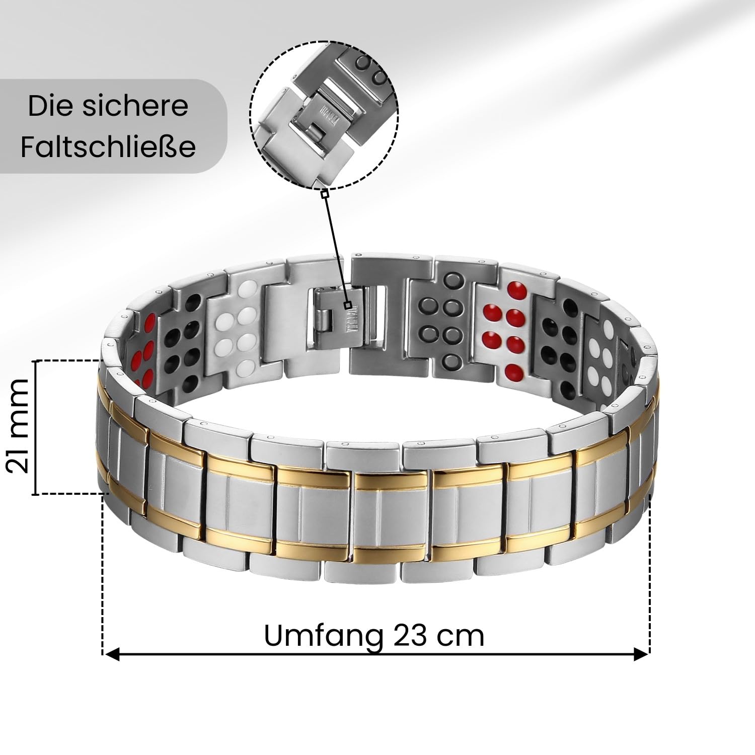 Generisch Doppelreihiges Herren Titanarmband mit Magneten, Klassisches Titan Magnetarmband in Silber und Gold, Gesundheitsarmband für Männer, Hypoallergen, inklusive Geschenkbox