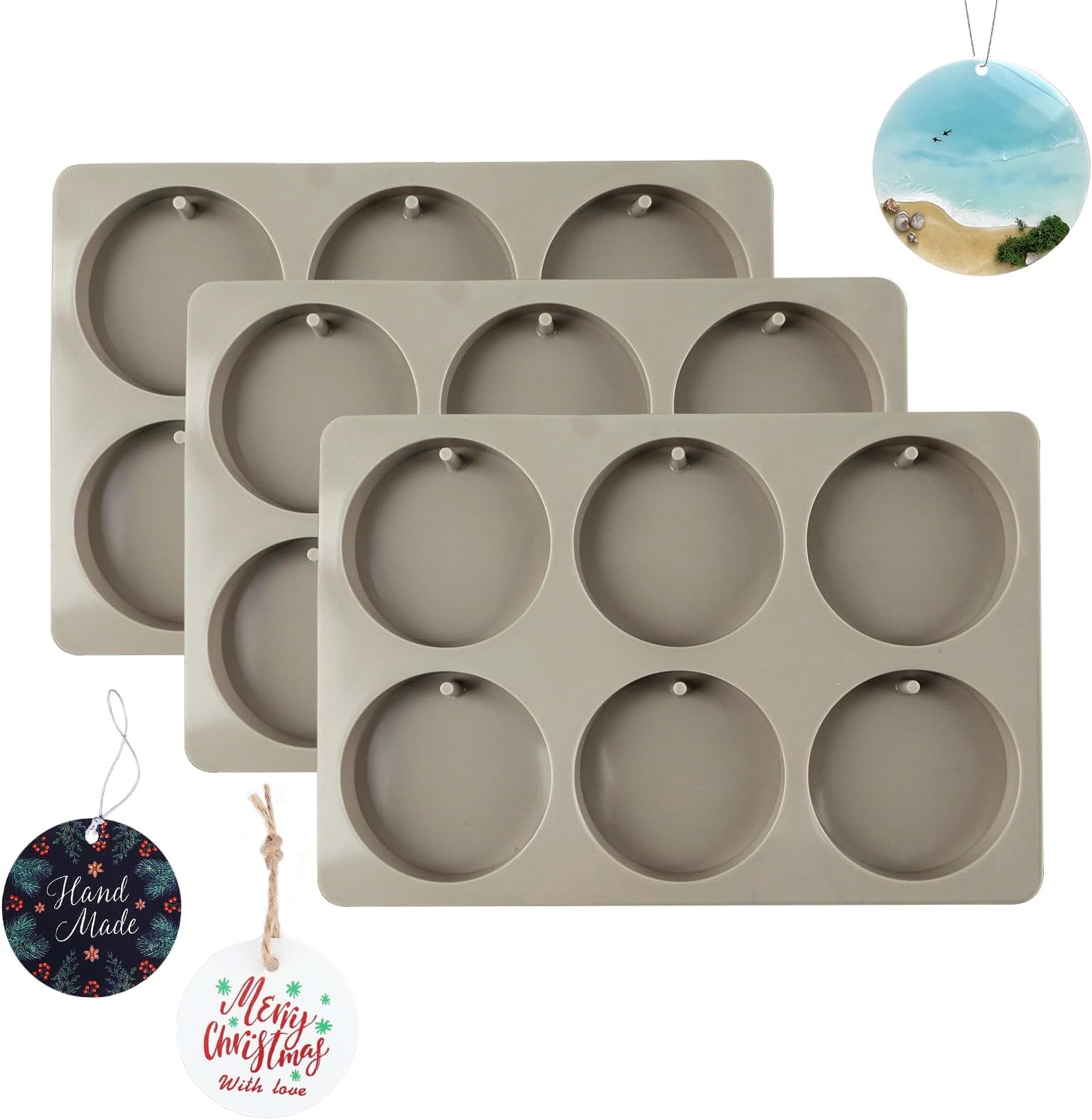 X spring Round Coaster Molds, 3PCS Christmas Ornament Resin Molds Silicone, Round Resin Coaster Molds with Hanging Hole, Epoxy Wax Casting Molds for DIY Jewelry Keychain Crafts