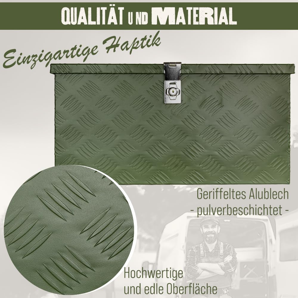 Trucky Caja de herramientas verde para barras de remolque, caja de aluminio, con tapa, con cerradura, caja de aluminio, caja de transporte, caja de herramientas, caja de aluminio
