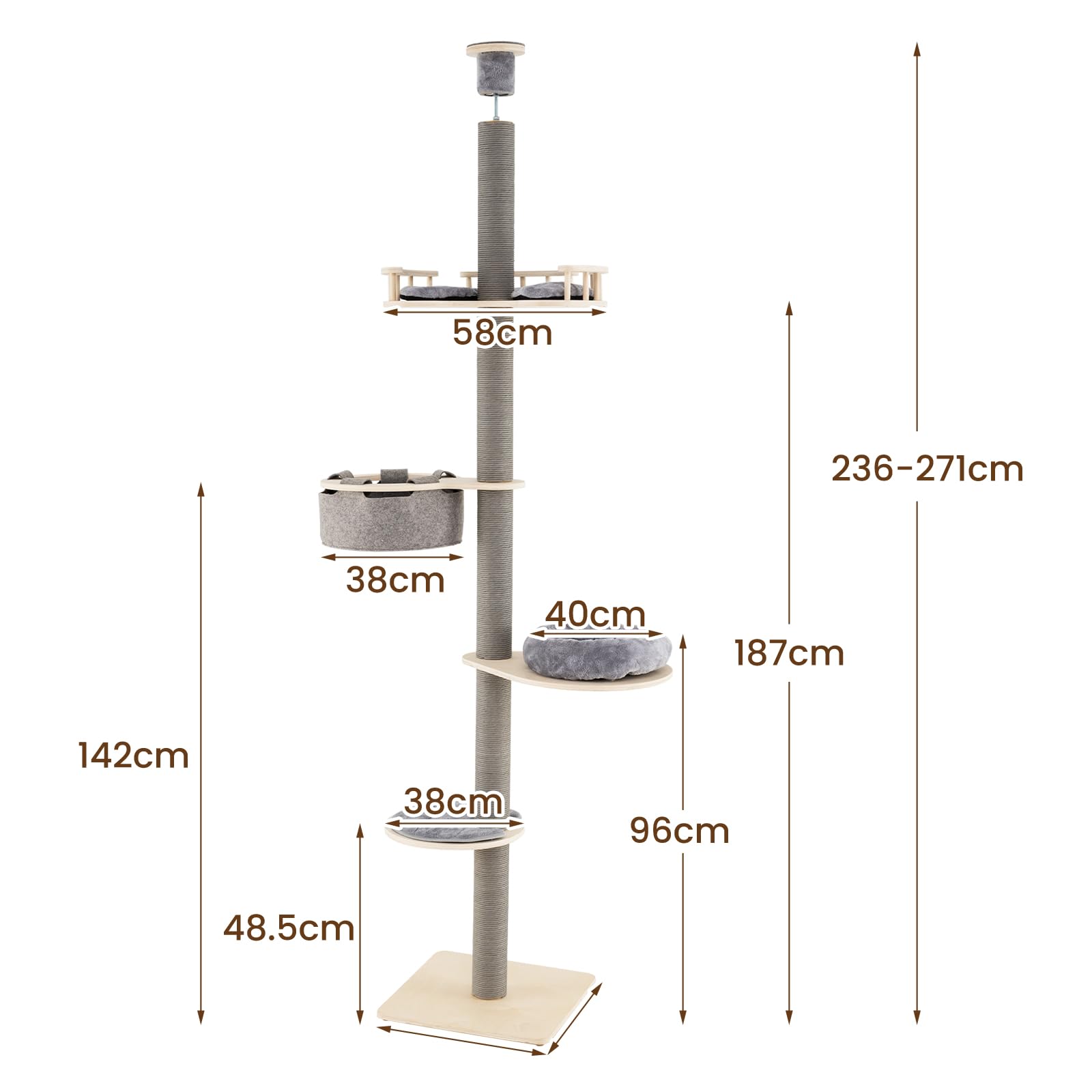 GYMAX Árbol para Gatos de 5 Niveles, Torre Rascador Alta Ajustable 236-271 cm, Poste Rascador, Cama Suave, Hamaca Acolchada, Juguete Colgante, Centro de Actividades para Interior