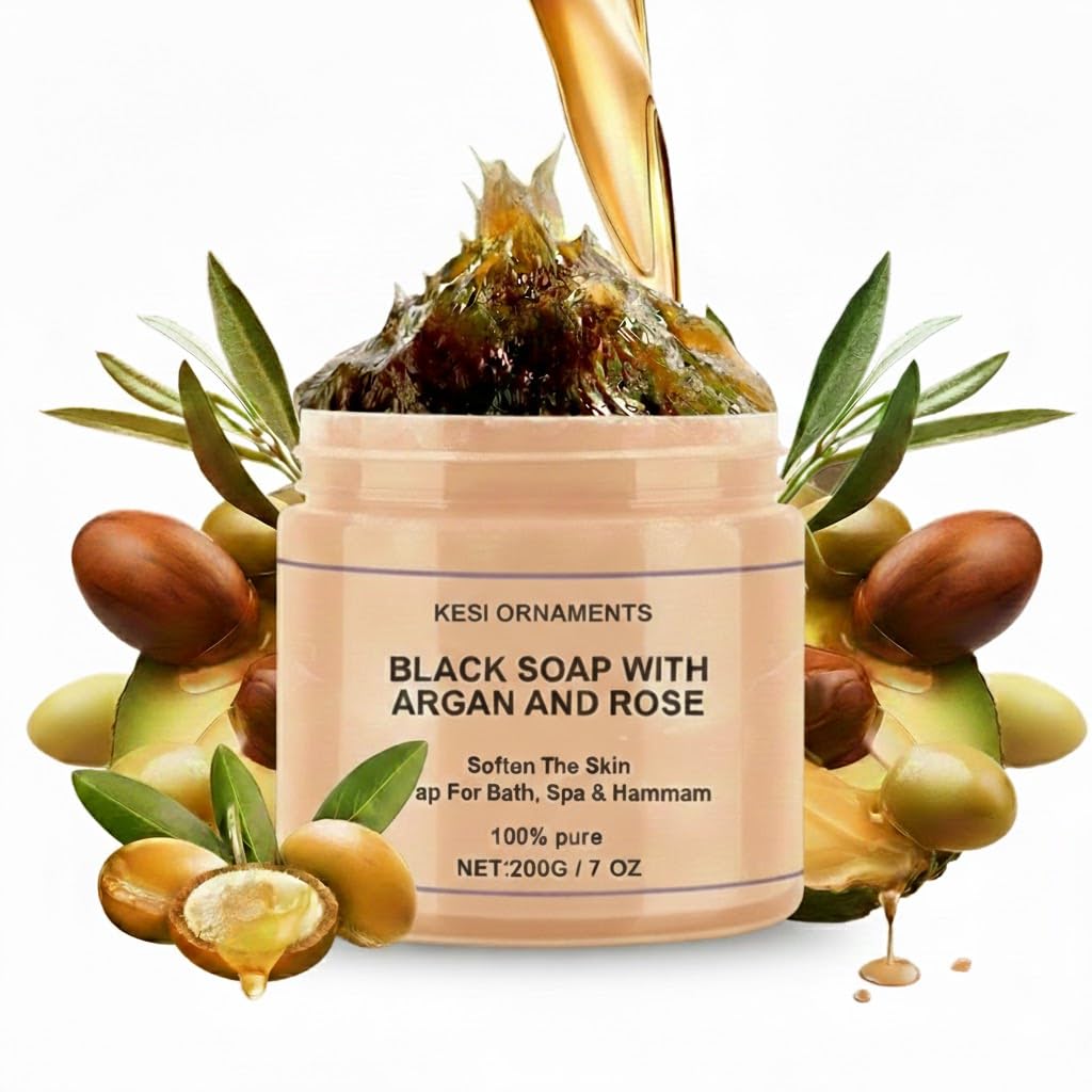 KESI ORNAMENTS Black Soap with Argan and Rose, Black Beldi Bar Exfoliating Soaps, Natural Organic Soap for Ideal for Body Scrub, Spa & Hammam Rituals, Removes Dead Skin for All Skin Types