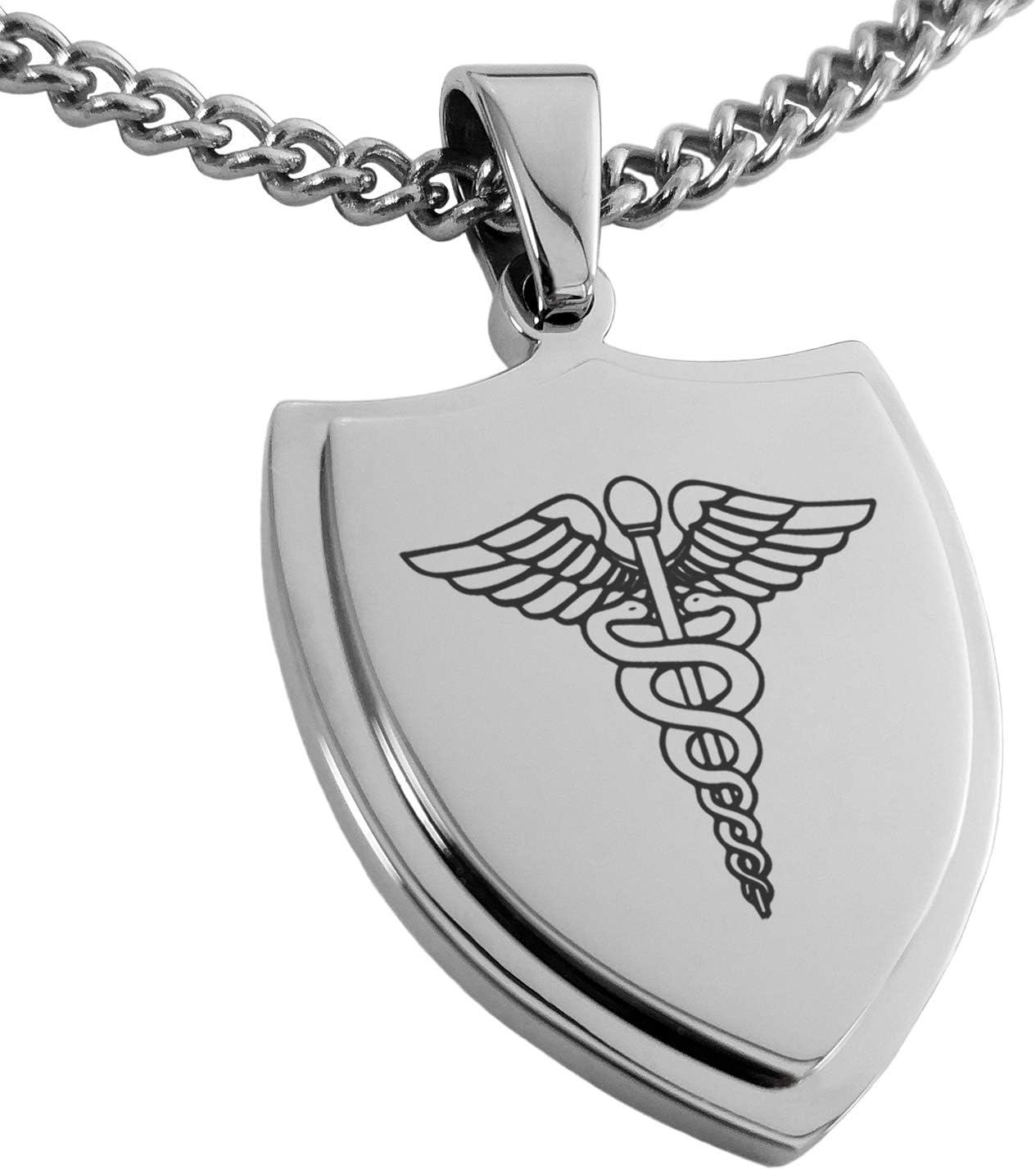 Stainless Steel Caduceus Staff of Hermes Shield Pendant Necklace