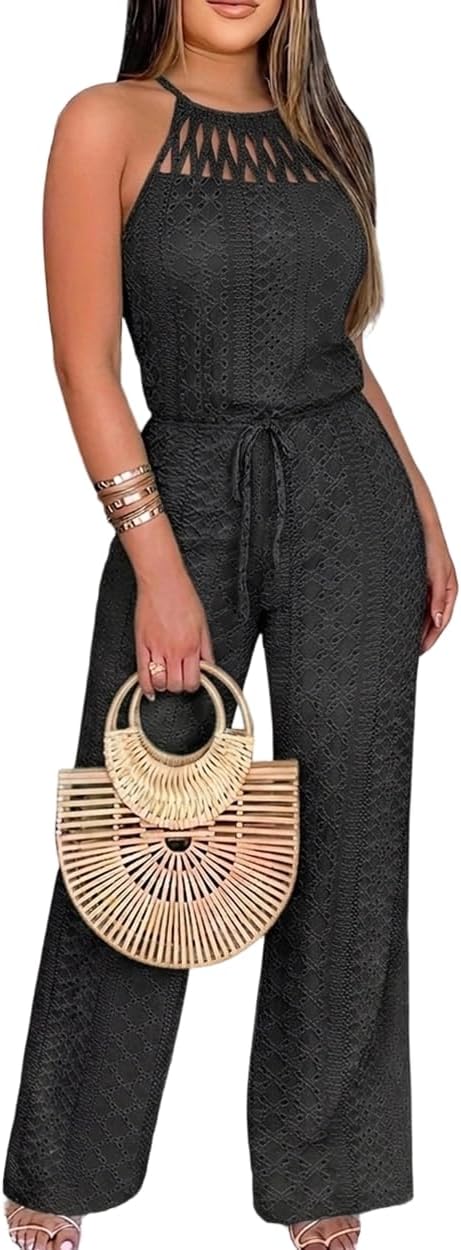 CHICME Halter Hollow Out Jumpsuits for Women Dressy Casual Wide Leg Knit Jacquard Romper Summer Vacation One Piece Outfit