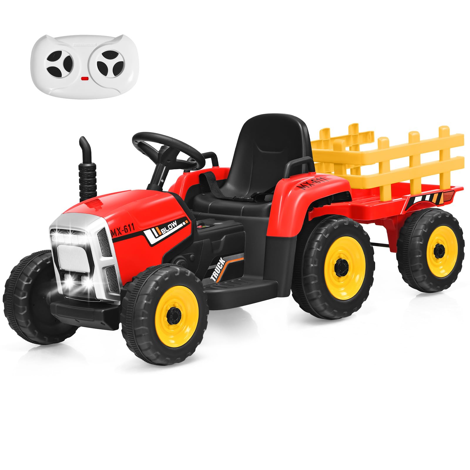 RELAX4LIFE Trattore Cavalcabile per Bambini, Trattore Ricaricabile con Rimorchio, Giocattolo Elettrico, Verde/Rosso, 136,5 x 51 x 52 cm (verde) (ROSSO)