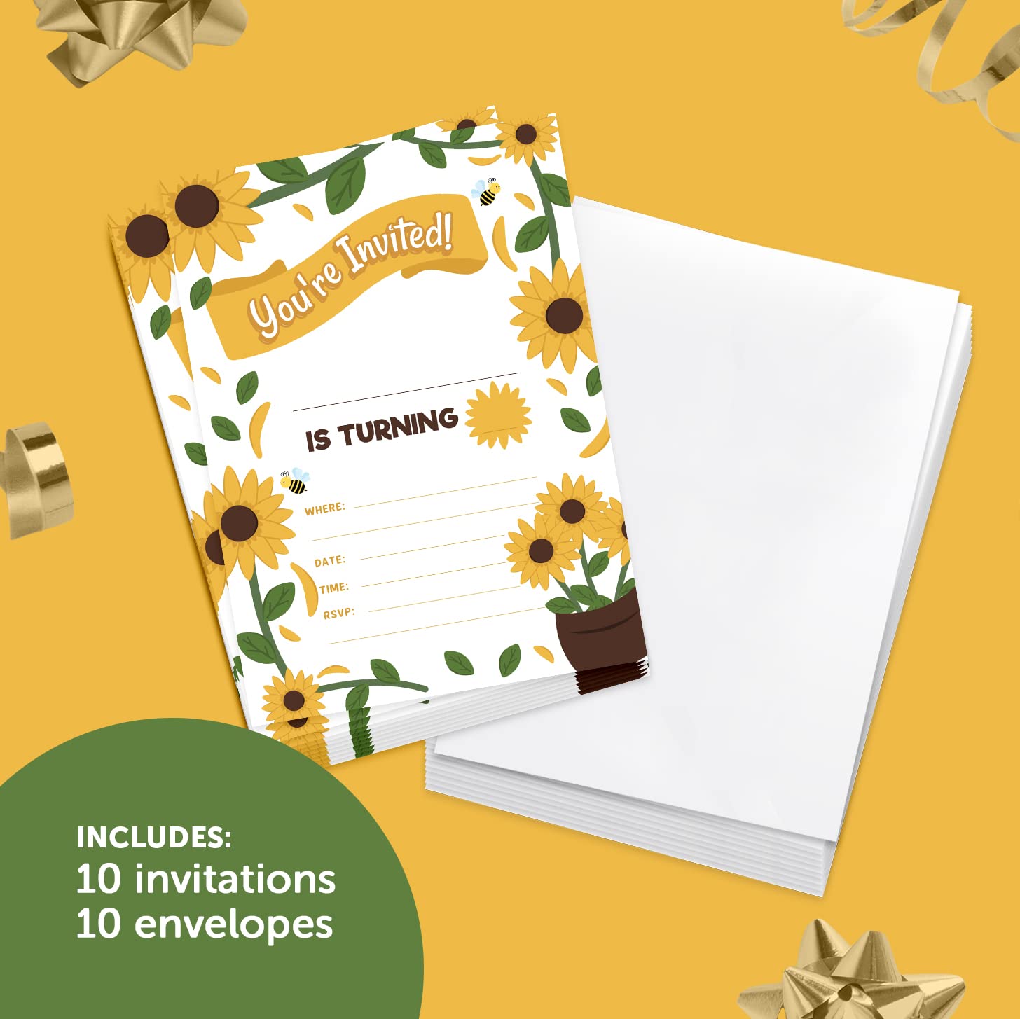Desert Cactus Sunflower Happy Birthday Invitations Style 1 Invite Cards (10 Count) With Envelopes Boys Girls Kids Party (10ct)
