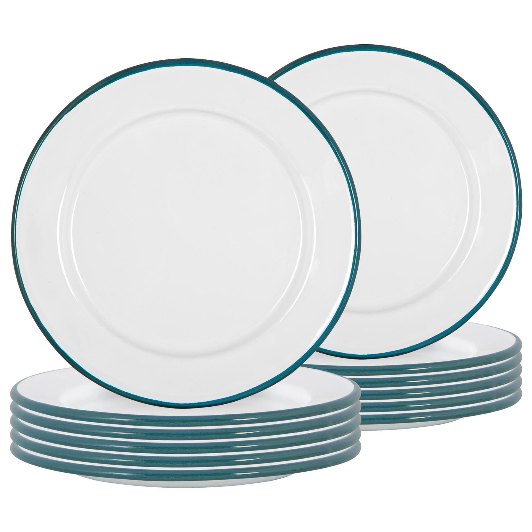 Argon Tableware Enamel Side Plates - 20cm (8inch) - Green - Set of 12 Small Dish Coloured Rim Dessert Plates Metal Enamel Tableware Dinner Set for Kitchen, Dining, Serving, Camping & Outdoor Use