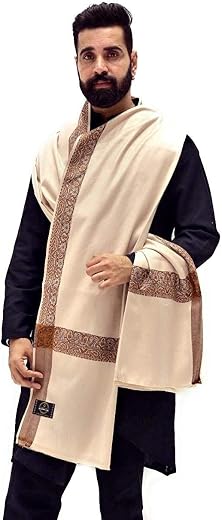 Goodluck Men's Pure Wool Lohi/Woollen Embroidered Border Kunj Shawl (Cream, Size 37 x 75 Inches)