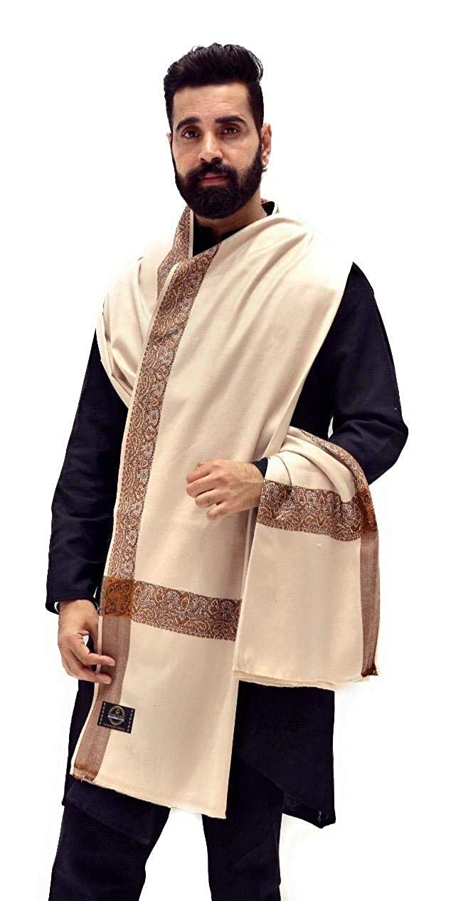 Men's Pure Wool Lohi/Woollen Embroidered Border Kunj Shawl (Cream, Size 37 x 75 Inches)