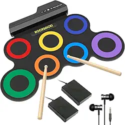 Conjunto de bateria elétrica ROCKSOCKI, conjunto de bateria eletrônica infantil de 7 almofadas com fone de ouvido incluído, bloco de prática de bateria enrolável, ótimo feriado de Natal para crianças