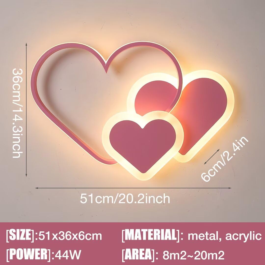 Plafoniera 3D Led Cuori creativi Lampada da soffitto dimmerabile continua Illuminazione per Ragazzi Ragazze Camera da letto Scuola materna con telecomando, 44W