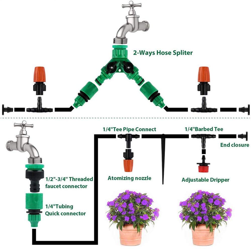 Kit di microirrigazione a goccia in plastica | Kit di irrigazione automatica a microgoccia da 149 pezzi, irrigazione da giardino, tubi da 30 m