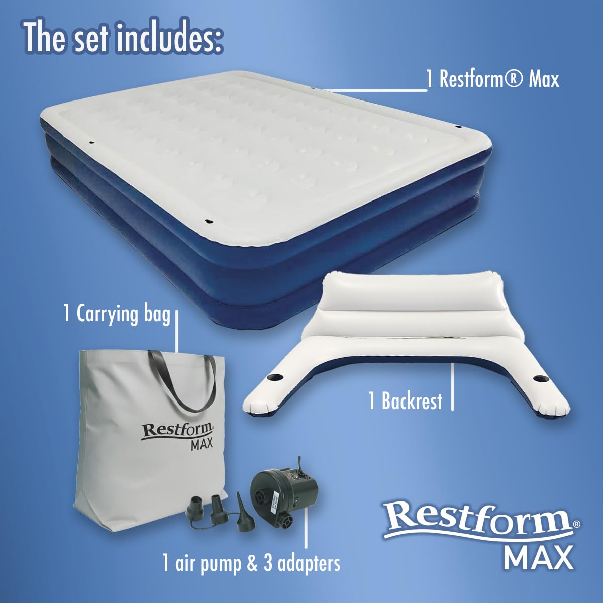 BEST DIRECT Restform MAX 3-in-1 Aufblasbare Matratze mit ergonomischer Rückenlehne – Premium Luftbett Gästebett & Camping, inkl. GRATIS elektrischer Pumpe als Geschenk – Robust & Bequem, 3 Positionen
