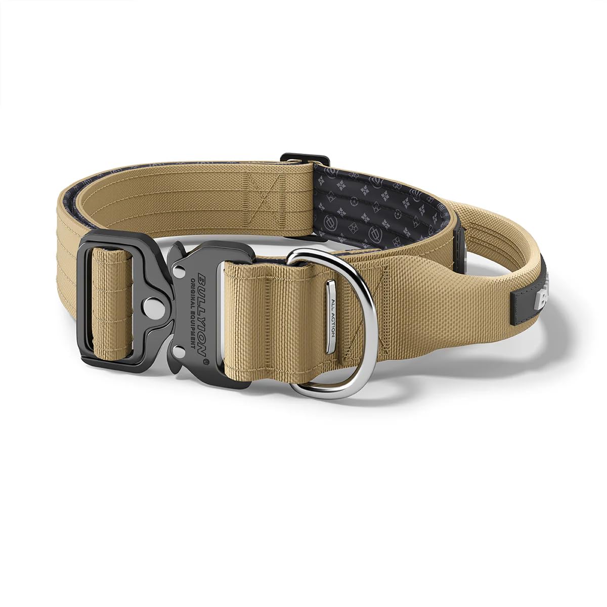Bullyion ® Original Equipment Heavy Duty Tactical Dog Collar with Handle – Adjustable Military Style Collar for Large Dogs, Padded Training Collar with Metal Buckle - 5CM Grenadier Tan - Small