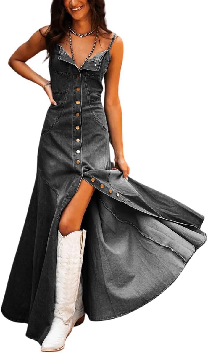 Ru Sweet Women's Spaghetti Strap Smocked Back Denim Dress Button Down A-Line Swing Flowy Maxi Jean Dress - Image 2